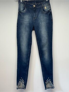 Dark Blue Women's Skinny Jeans with Frayed Hem and Pearl Detail Undone 42